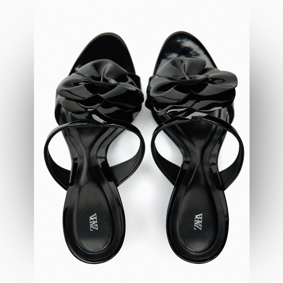 NWT Zara Woman FLORAL HIGH HEELED SANDALS Heels Shoes Black Faux Patent Size 8 - Picture 7 of 13